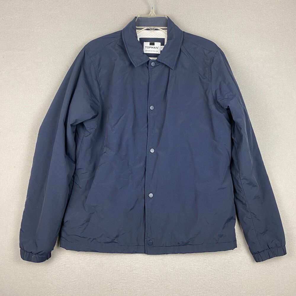 TOPMAN Mens Medium Snap Bomber Jacket Blue Nylon Lined Pockets Outdoor Casual